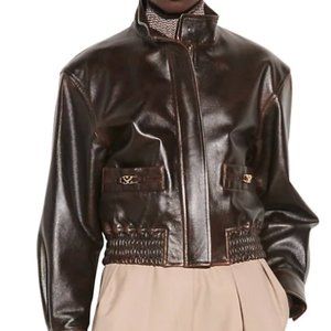 Sandro Leather Aviator Jacket in Brown-Black color (Size L)